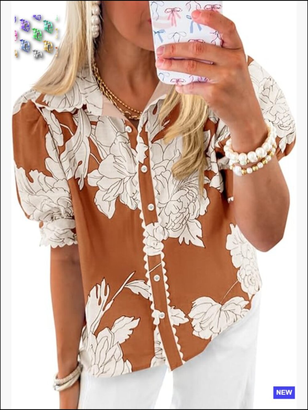 Puff Sleeve Button Down Shirt Floral Print Summer Casual Boho Loose Fit Blouse